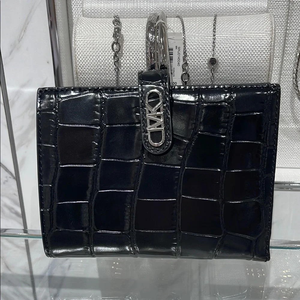 Michael Kors Empire Metallic Crocodile Embossed Leather Passport Wallet Black